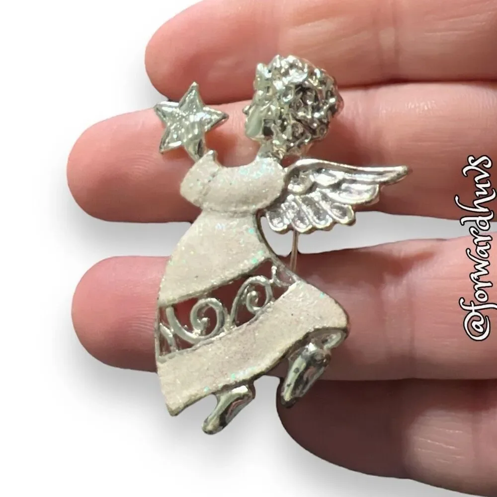 Sparkling Silvertone Angel Brooch with Enamel Dress